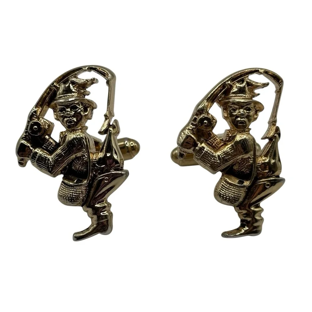 Fisherman Cufflinks by Hickok USA‎ Gold Tone Hooked Underwear Funny Nautical VTG